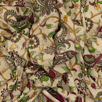 Cream Handloom Kalamkari Cotton Saree With Printed Annam Motifs