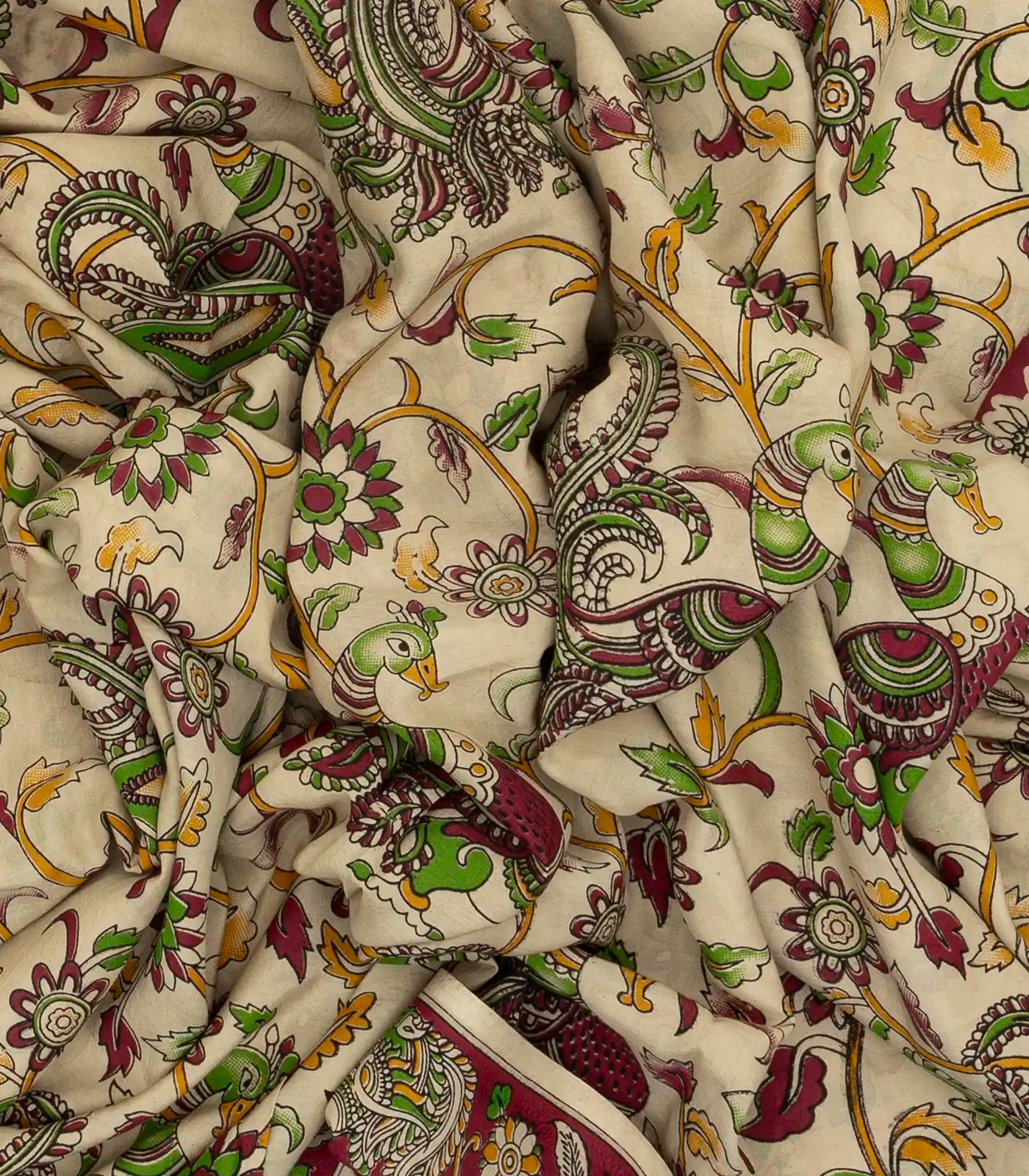 Cream Handloom Kalamkari Cotton Saree With Printed Annam Motifs