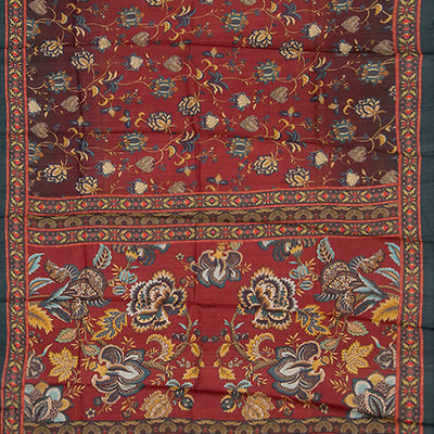 Rust Handwoven Tussar Printed Silk Saree With Floral Vine Motifs-Rust