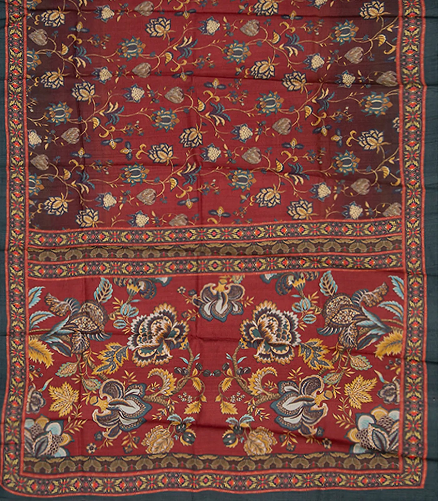 Rust Handwoven Tussar Printed Silk Saree With Floral Vine Motifs-Rust