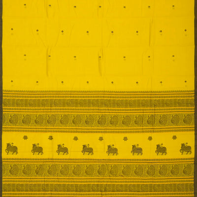 Lemon Yellow Handloom Kanchi Cotton Saree With Lotus Buttas