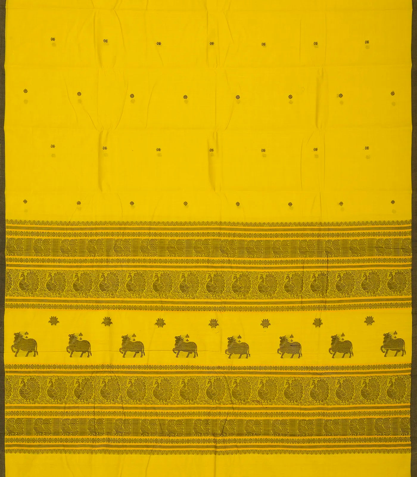 Lemon Yellow Handloom Kanchi Cotton Saree With Lotus Buttas