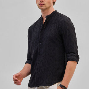 Black Mandarin Self-Design Shirt