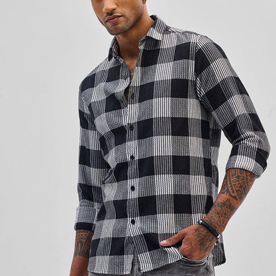 Black Textured Checks Slim Fit Shirt