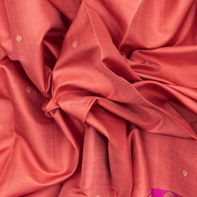 Peach Handloom Kanchipuram Korvai Silk Saree With Pink Border