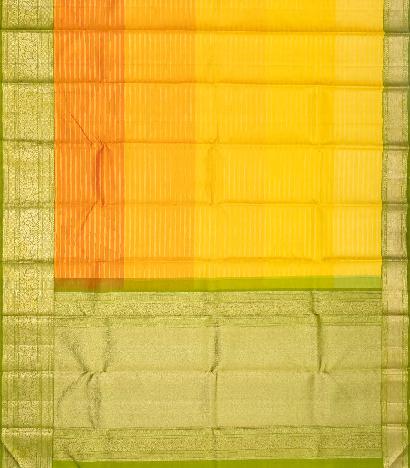 Yellow Handloom Kanchipuram Korvai Silk Saree With Zari Stripes