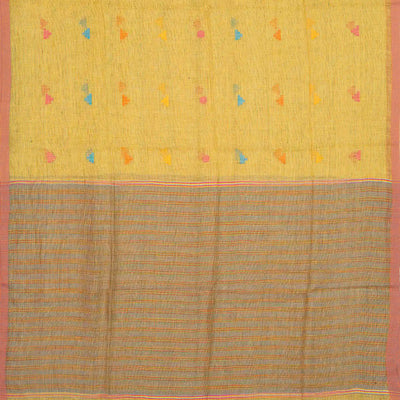 Gold Handloom Linen Saree With Temple Buttas