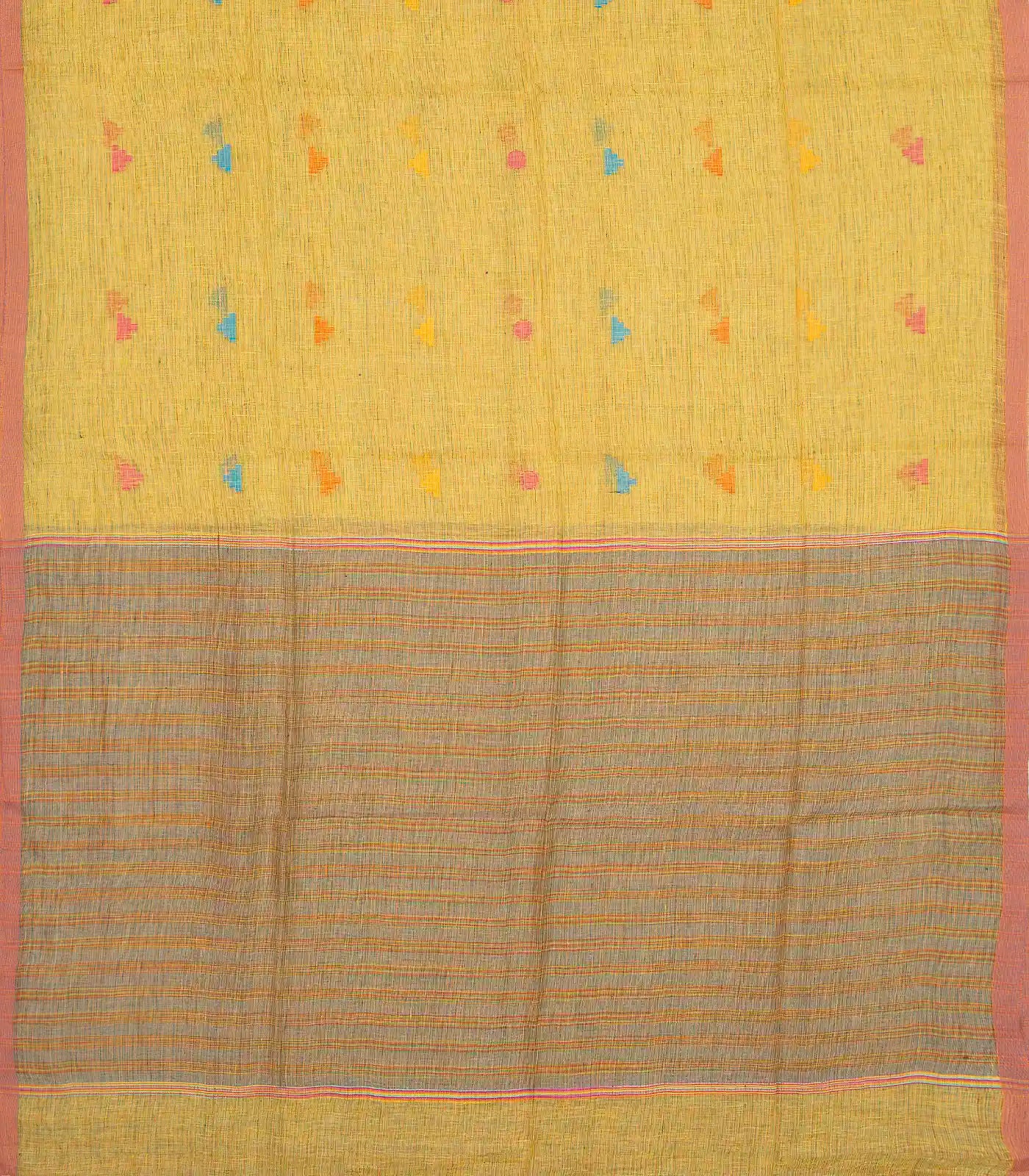 Gold Handloom Linen Saree With Temple Buttas