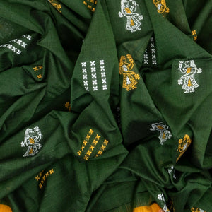 Dark Green Handloom Orissa Cotton Saree With Tie & Dye Pallu