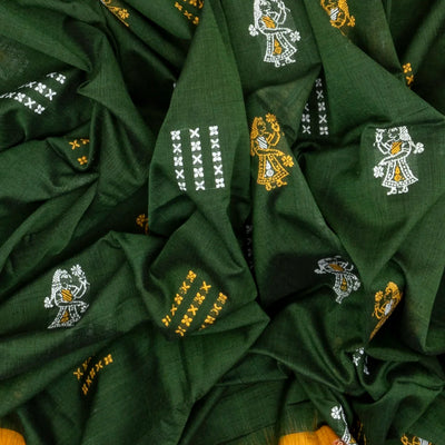 Dark Green Handloom Orissa Cotton Saree With Tie & Dye Pallu