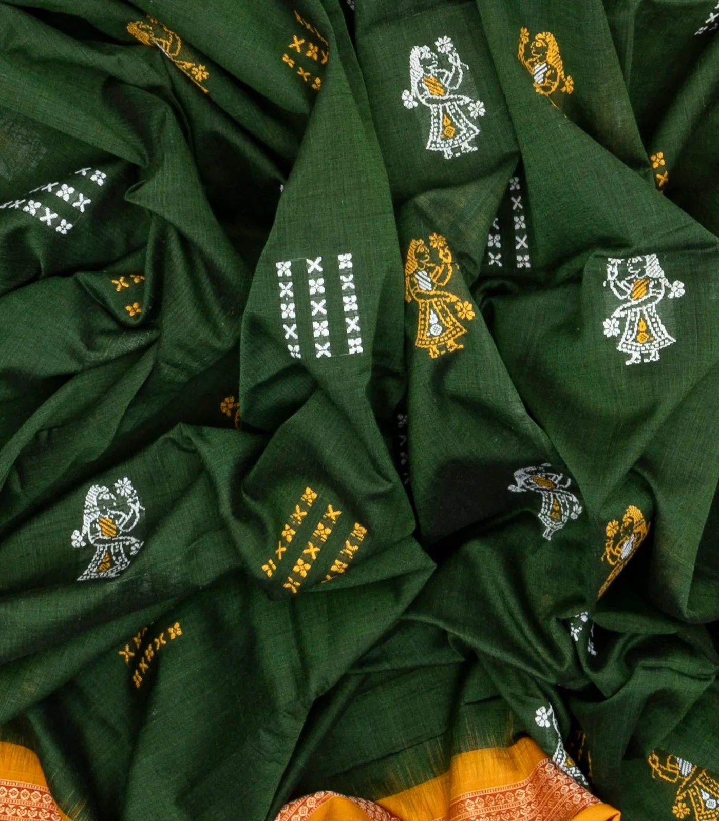 Dark Green Handloom Orissa Cotton Saree With Tie & Dye Pallu