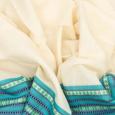 White Handloom Bengal Cotton Saree With Contrast Blue Border