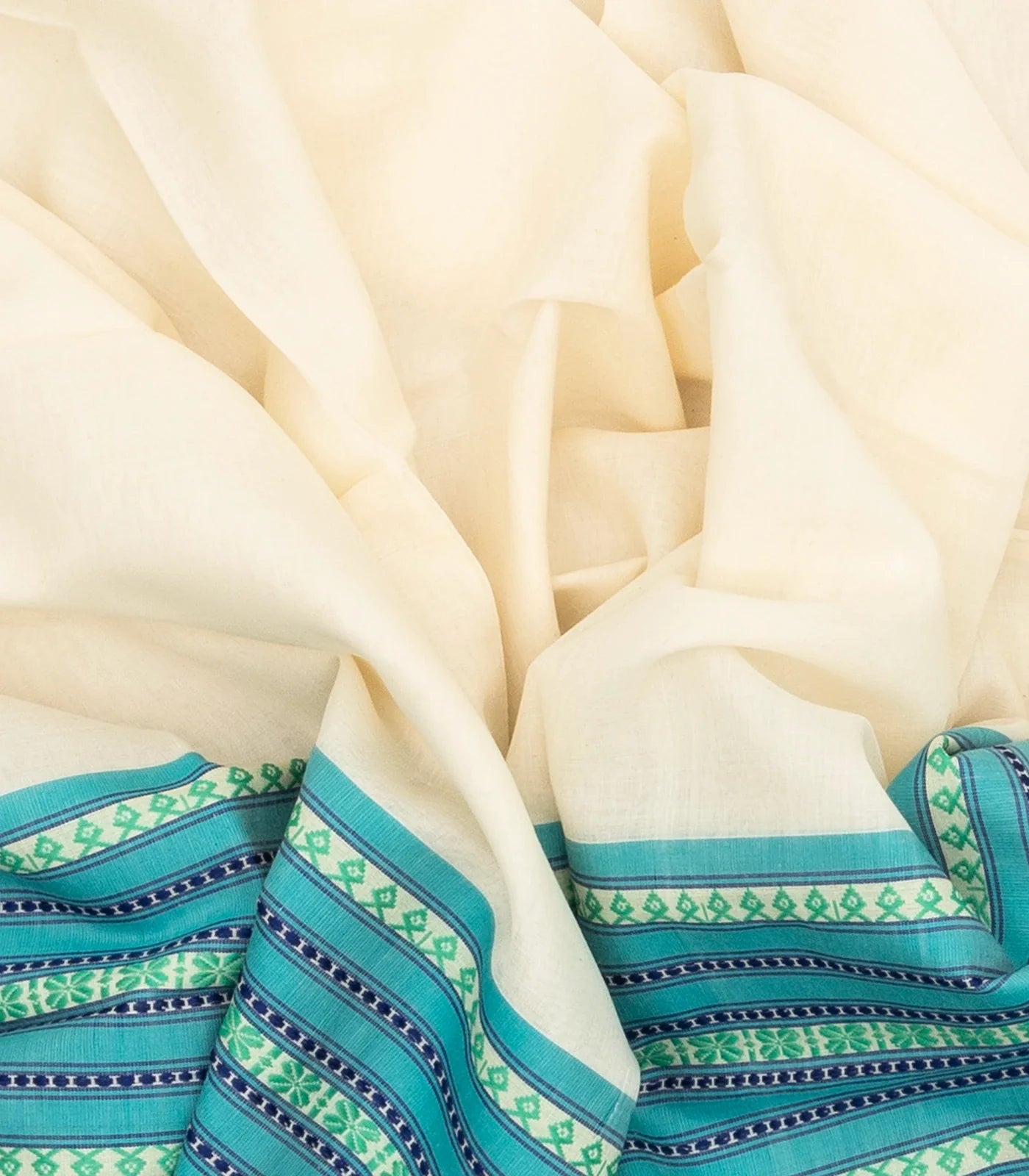 White Handloom Bengal Cotton Saree With Contrast Blue Border