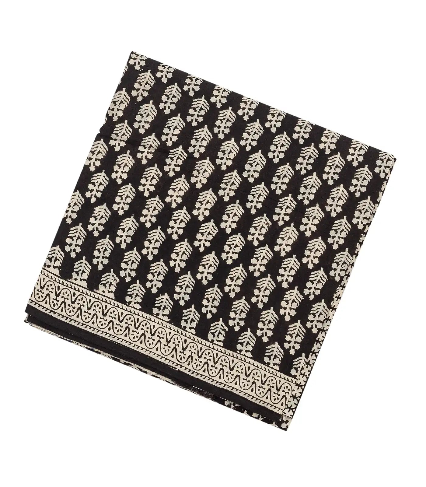 Black Woven Jaipur Cotton Saree Printed With Cream Floral Motifs