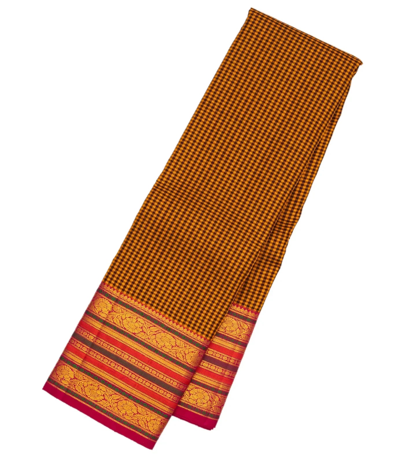 Mustard Handloom Kanchipuram Korvai Silk Saree With Checks