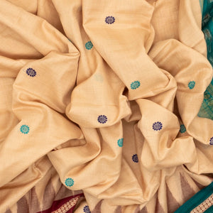 Taupe Handloom Orissa Cotton Saree With Cyan Tie & Dye Pallu