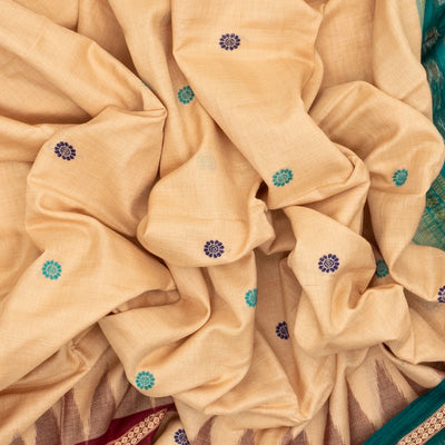 Taupe Handloom Orissa Cotton Saree With Cyan Tie & Dye Pallu