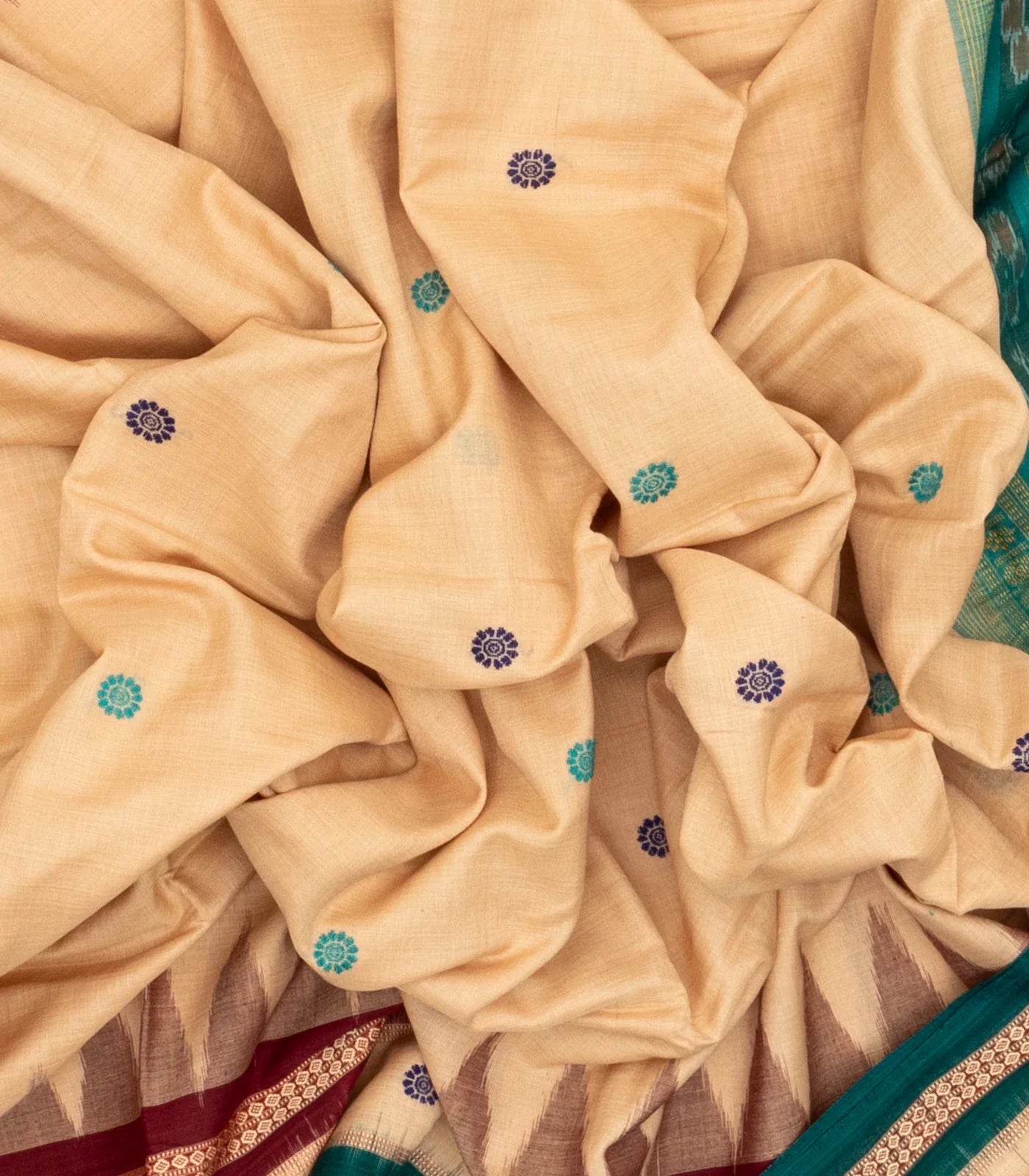 Taupe Handloom Orissa Cotton Saree With Cyan Tie & Dye Pallu