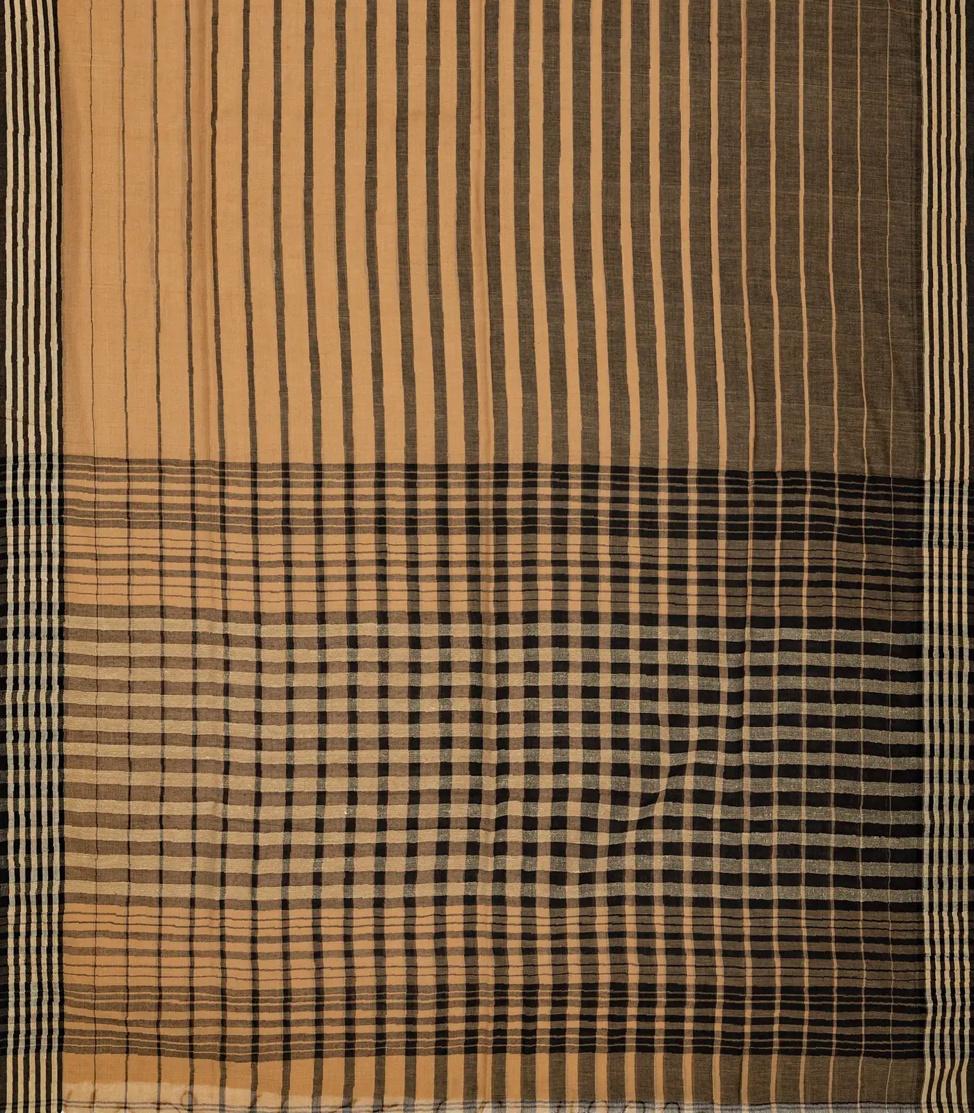 Beige Handloom Bengal Cotton Saree With Black Stripes