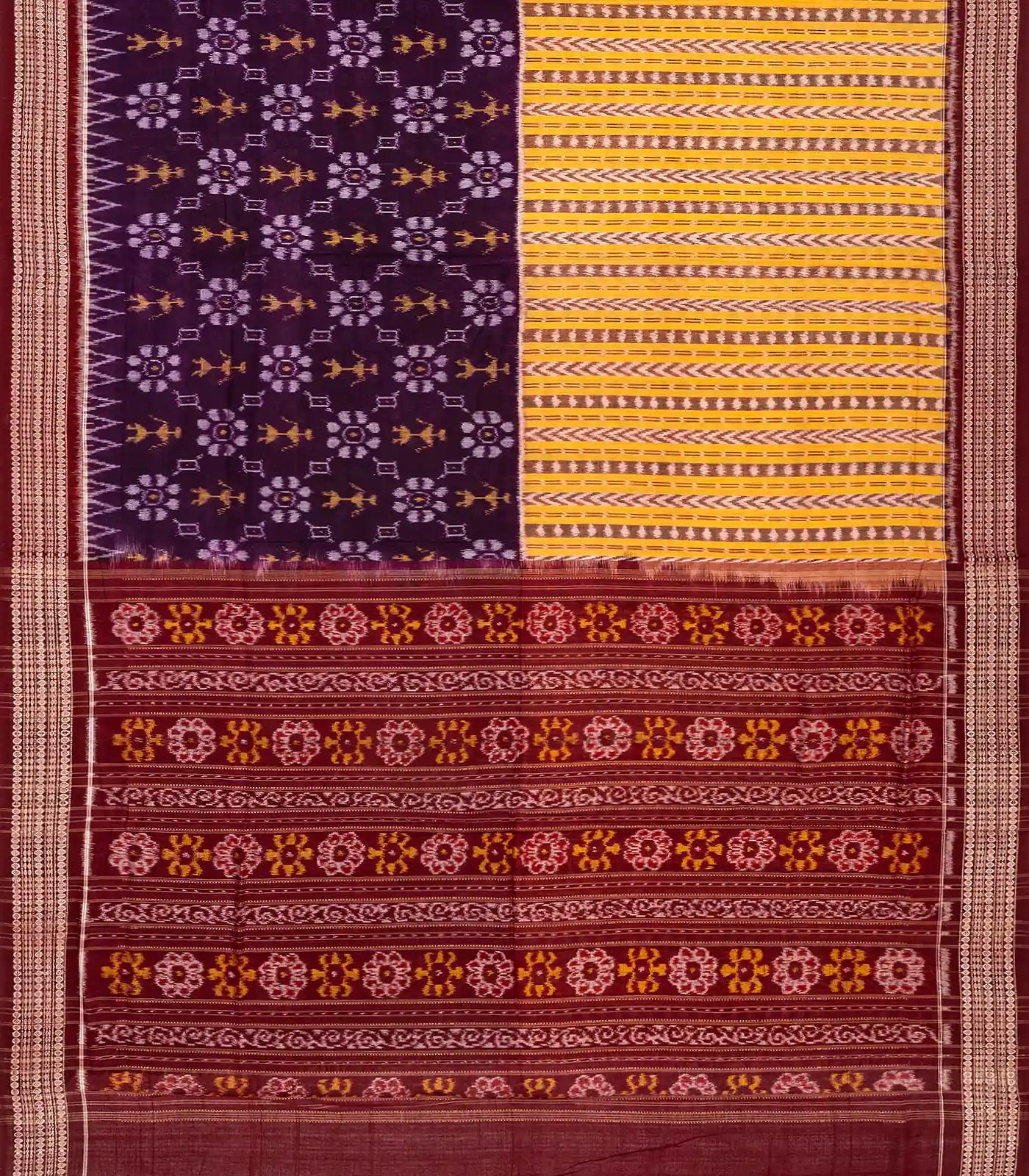 Violet & Yellow Handloom Orissa Cotton Saree With Tie & Dye Motifs
