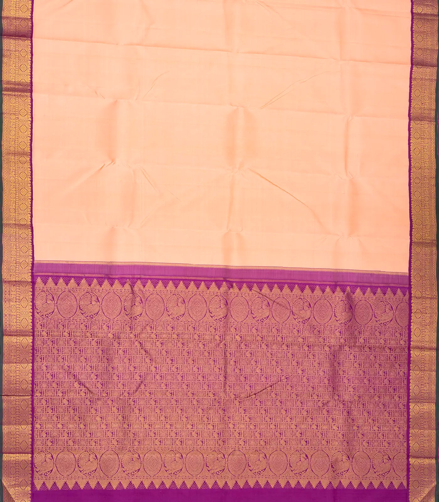 Light Peach Handloom Korvai Kanchipuram Silk Saree With Contrast Border