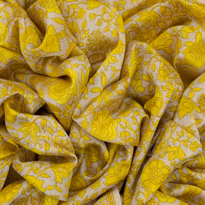 Taupe Handloom Chanderi Cotton Saree With Printed Yellow Floral Motifs