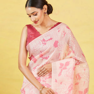 Baby Pink Handloom Tussar Silk Saree With Printed Floral Motifs