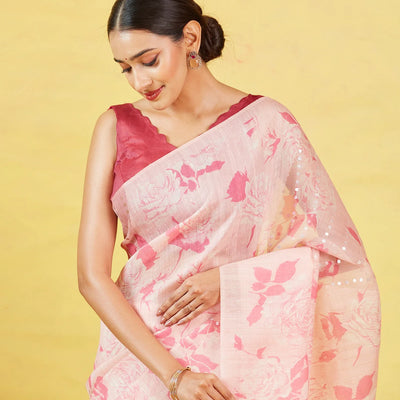 Baby Pink Handloom Tussar Silk Saree With Printed Floral Motifs