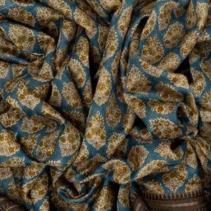 Cyan Handloom Tussar Silk Saree With Printed With Floral Motifs