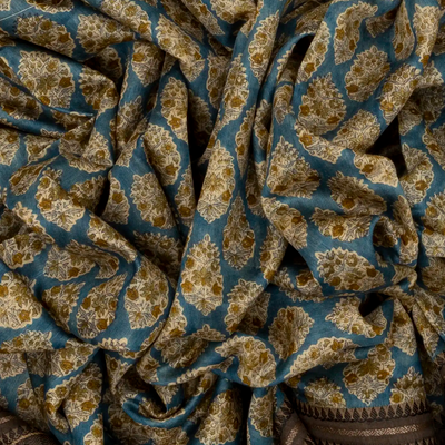 Cyan Handloom Tussar Silk Saree With Printed With Floral Motifs