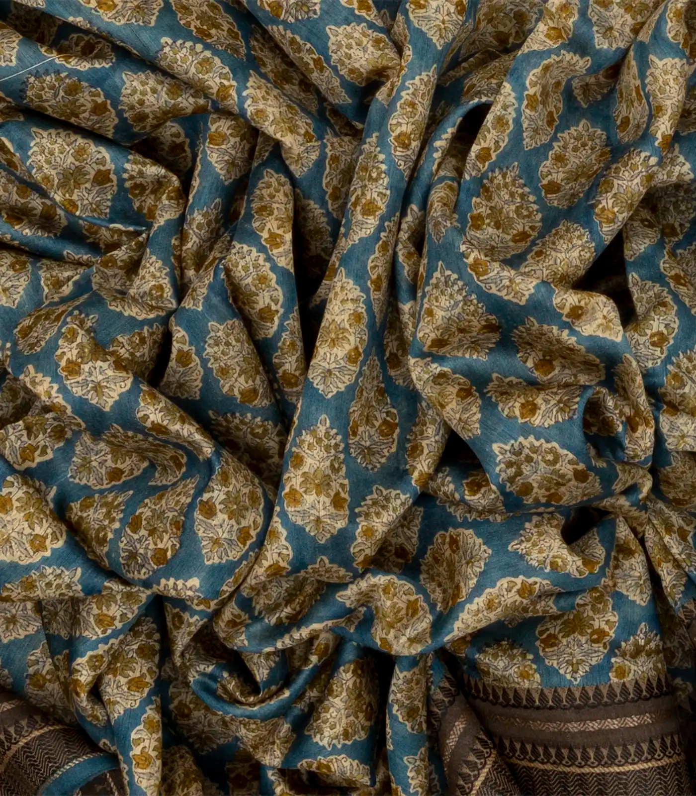 Cyan Handloom Tussar Silk Saree With Printed With Floral Motifs