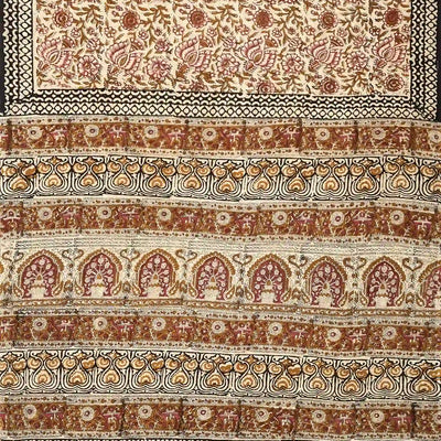 Beige Jaipur Cotton Saree Printed With Pink Floral Motifs