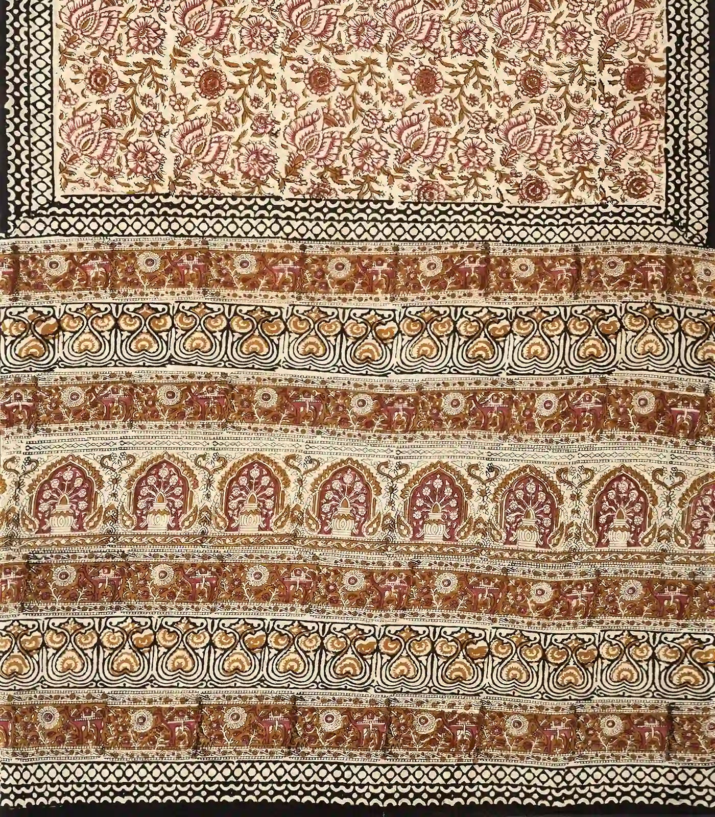 Beige Jaipur Cotton Saree Printed With Pink Floral Motifs