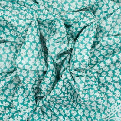 Turquoise Woven Jaipur Cotton Saree Printed With White Floral Motifs