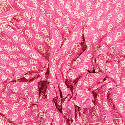 BubbleGum Pink Woven Jaipur Cotton Saree Printed With Cream Floral Motifs