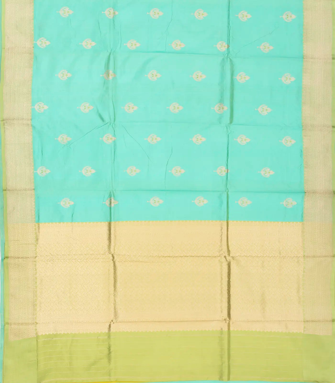 Turquoise Handloom Banarasi Silk Saree With Floral Buttas