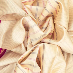 Cream Handloom Soft Silk Saree With Stripes & Contrast Ganga Jamuna Border