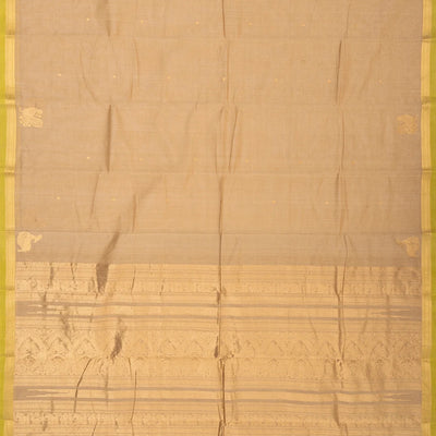 Taupe Handloom Kanchi Cotton Saree With Annam Buttas & Green Border.