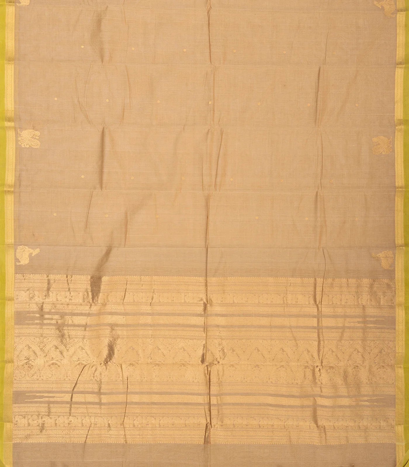 Taupe Handloom Kanchi Cotton Saree With Annam Buttas & Green Border.