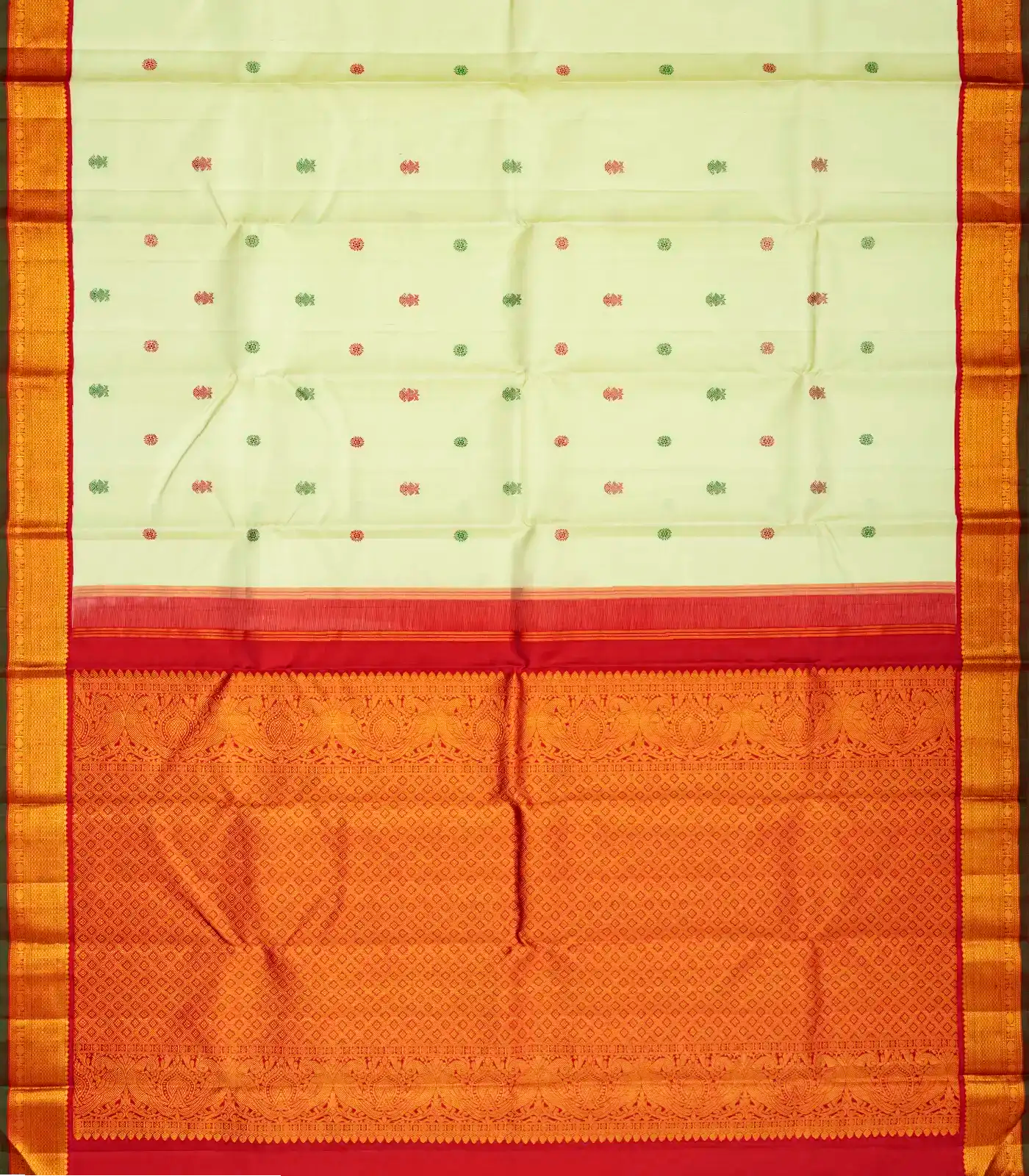 Mint Green Handloom Kanchipuram Korvai Silk Saree With Gandaberunda Buttas