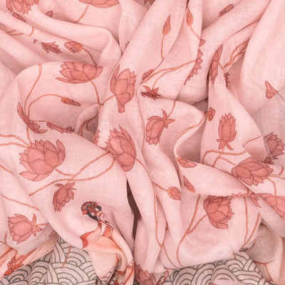 Bubblegum Pink Handloom Linen Saree With Printed Cow Motifs