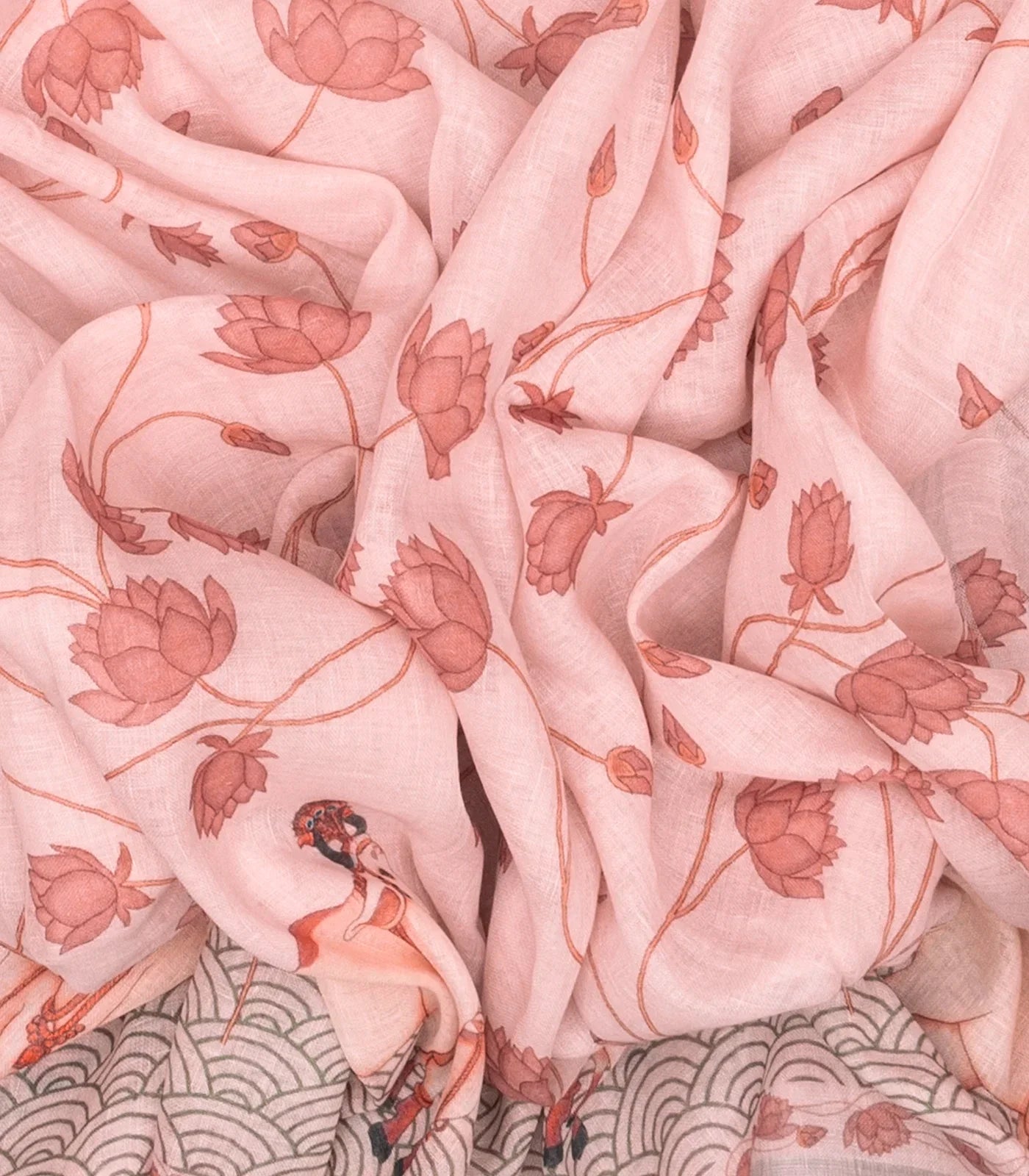 Bubblegum Pink Handloom Linen Saree With Printed Cow Motifs