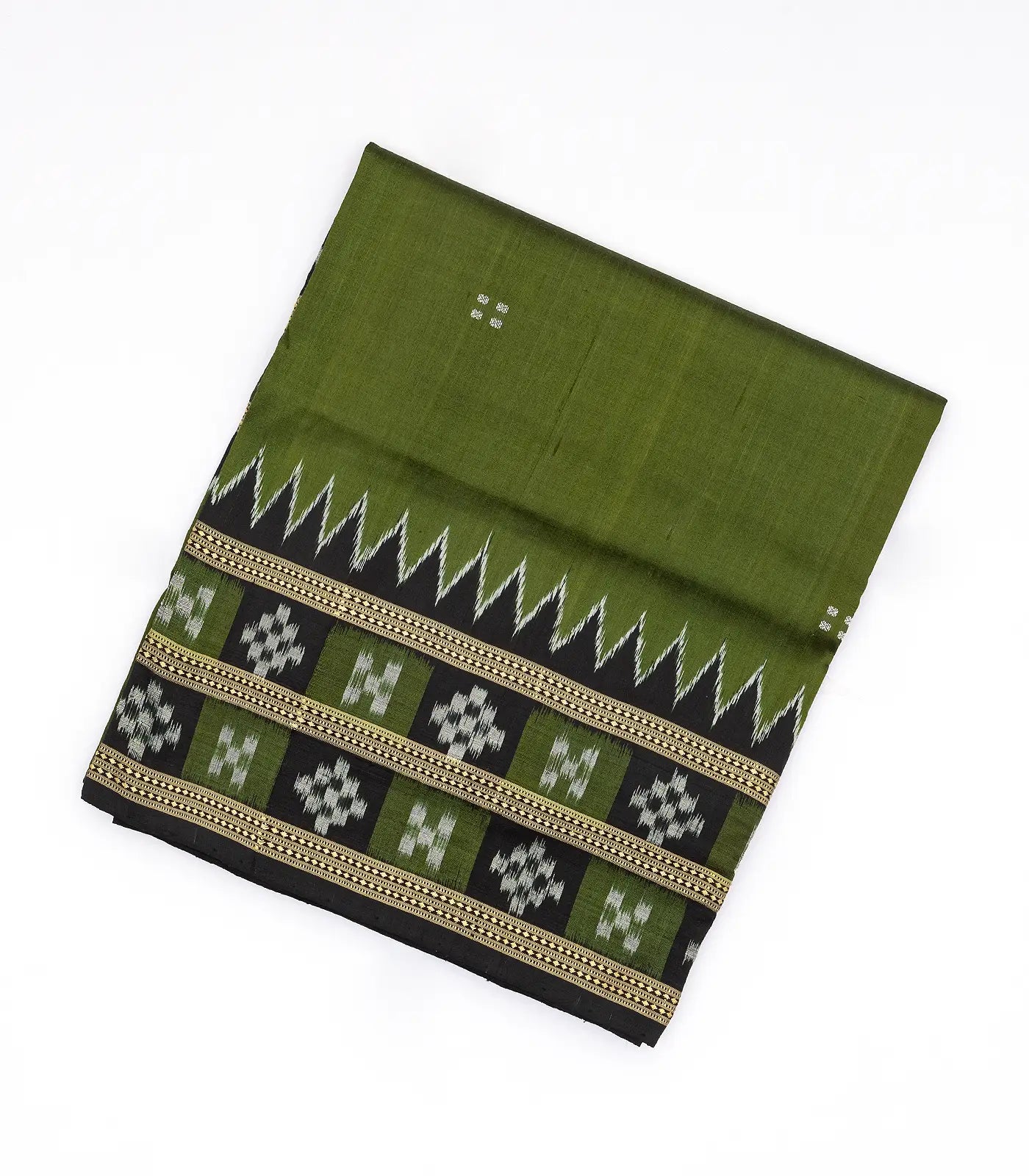 Leafy Green Handloom Orissa Silk Saree With Button Buttas