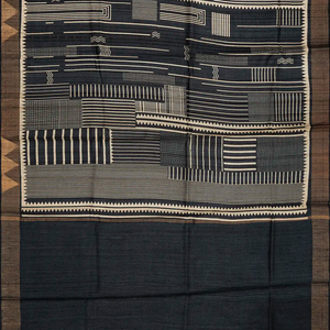 Black Handloom Tussar Silk Saree Printed With Stripe Motifs & Zari Border