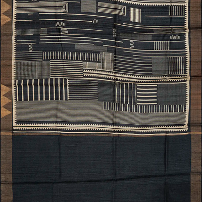 Black Handloom Tussar Silk Saree Printed With Stripe Motifs & Zari Border
