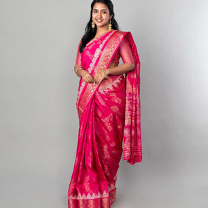 Hot Pink Woven Dola Synthetic Saree With Floral Motifs