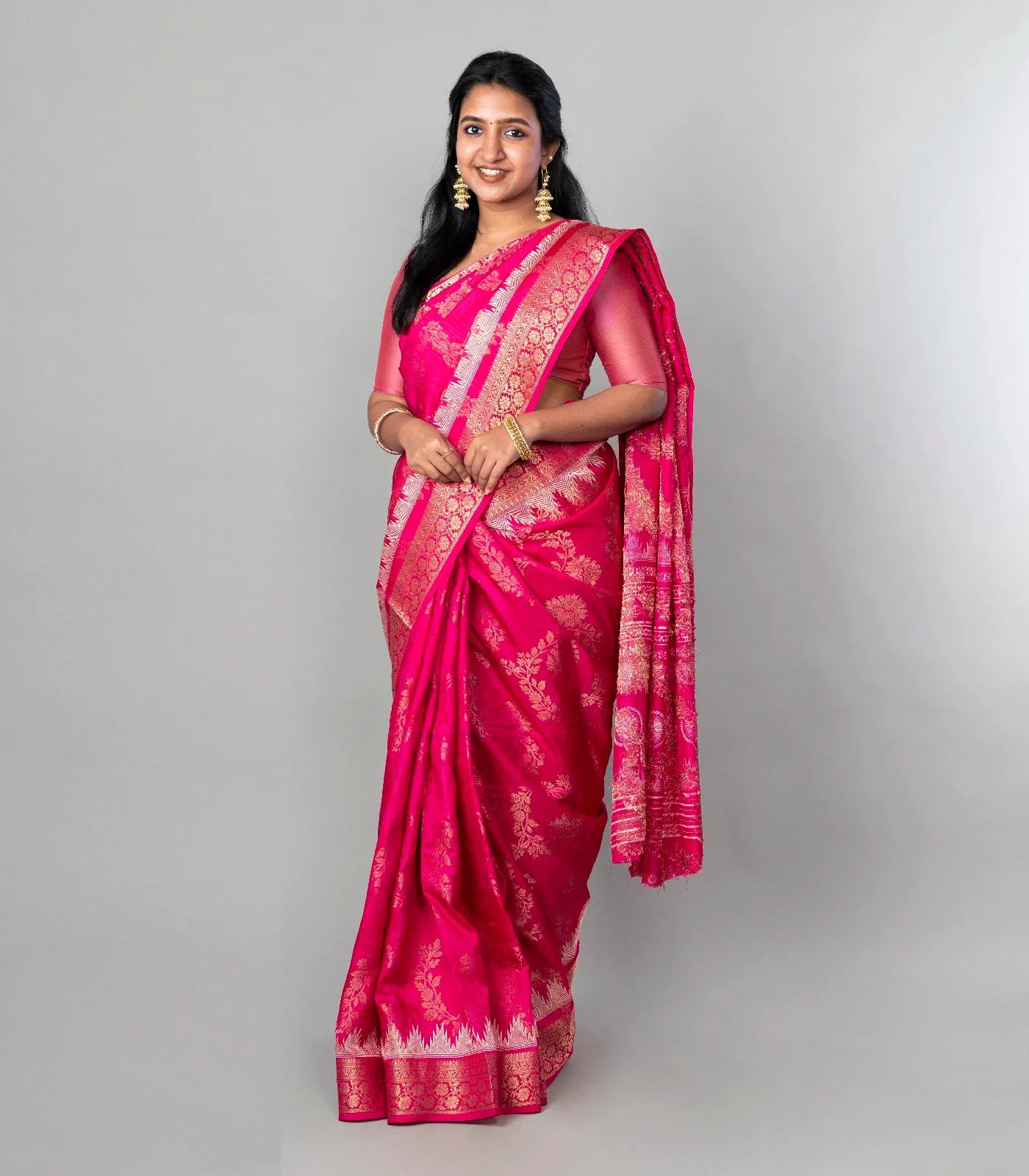 Hot Pink Woven Dola Synthetic Saree With Floral Motifs