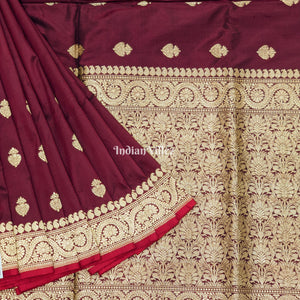 Wine Floral Motif Designer Banarasi Silk Saree