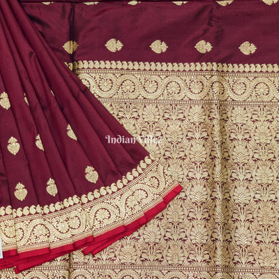 Wine Floral Motif Designer Banarasi Silk Saree