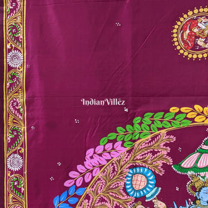 Wine Radha Krishna Boita Hand-Painted Pattachitra Saree